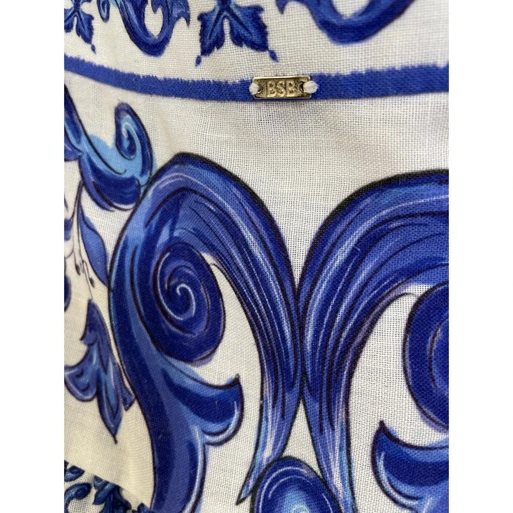 BSB Collection Blue White Majolica Print Tiered Ruffle Maxi Skirt Womens 42 US 6
